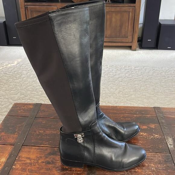 Michael Kors Black Leather and Stretch Fabric Hamilton Tall Boots Size 8 - Picture 3 of 7